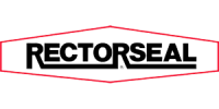 RECTORSEAL logo: black bold text inside red diamond with red striped background