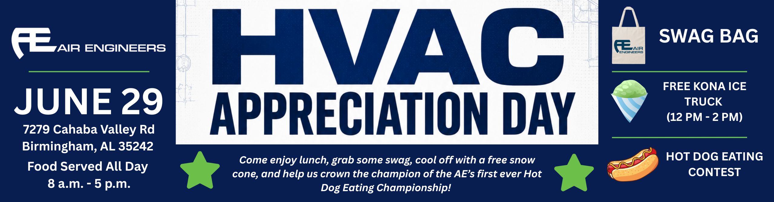 HVAC Appreciation Day June 29 Birmingham, AL, food, swag, free Kona ice (12-2pm), hot dog eating contest
